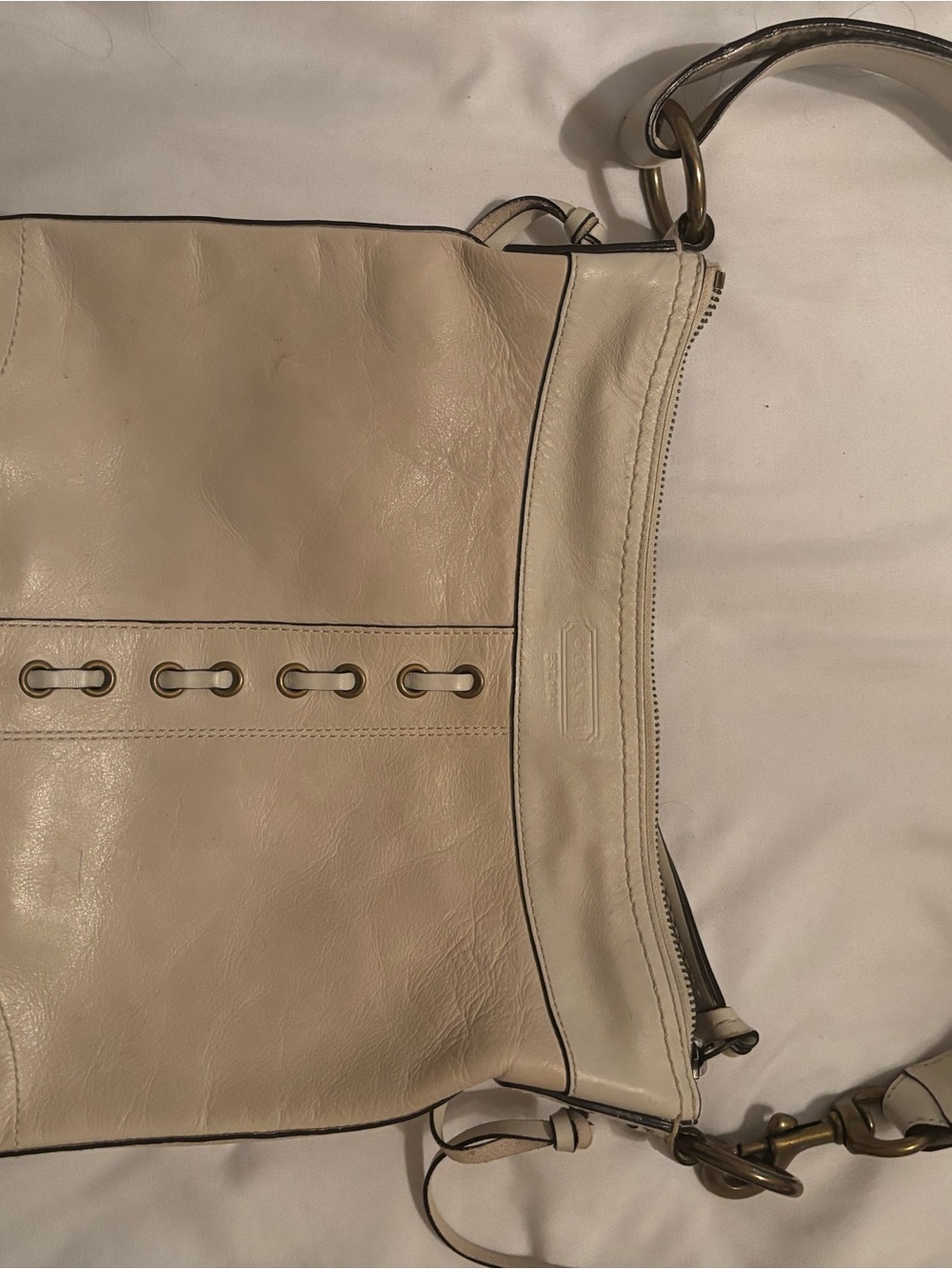 Coach Cream Leather Shoulder Bag with Brass Accents